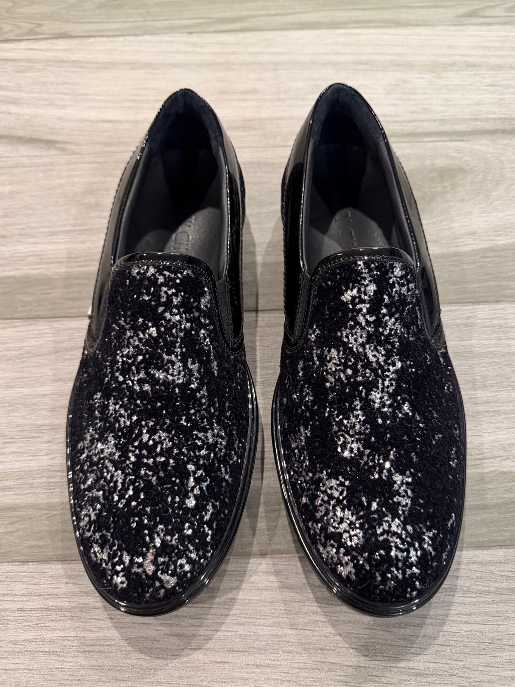 Jimmy Choo Black Sliver Glitter Velvet Patent Leather Slip-On Sneakers Shoes